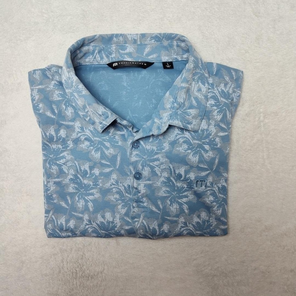 TravisMathew Polo Shirt Mens L Blue Floral Hawaiian Golf Performance Ridgemoor